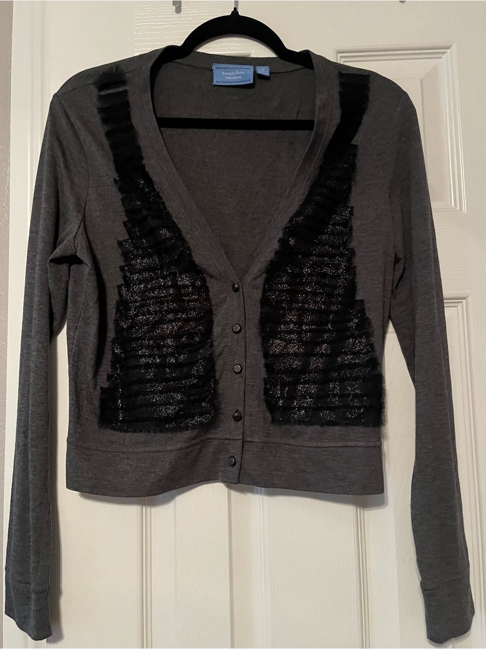 Simply Vera Vera Wang Gray Cardigan with Black Ruffle Panels